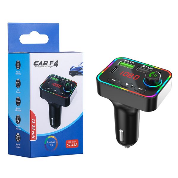 Car Carregador F4 FM Kit de transmissor com backlight colorido Bluetooth 5.0 Dual USB Adaptador Fast carregamento Tipo C Portas Sem Fio Áudio Receptor Handsfree MP3 player