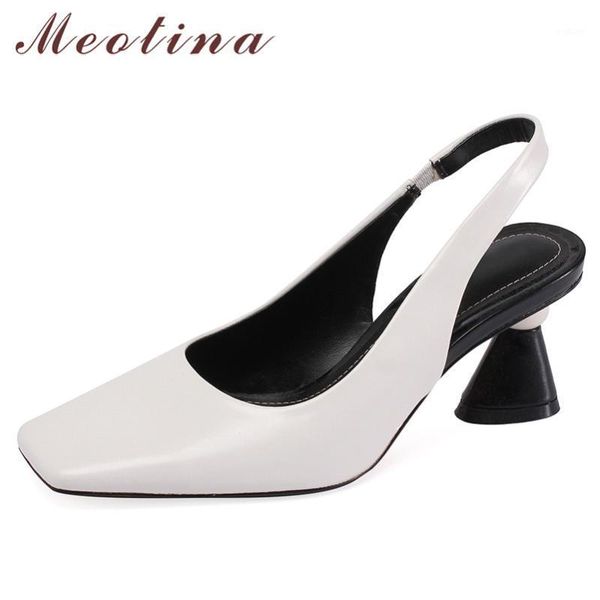 

meotina women shoes pearl genuine leather high heel slingbacks pumps square toe strange style shallow footwear female white 401, Black