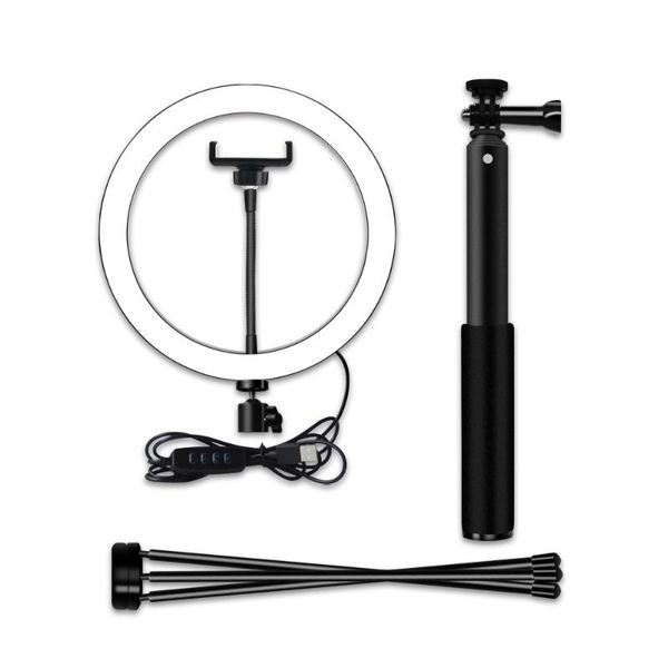 

flash heads 10 inch 3200k-5600k 12w pographic light ring lampwith black selfie stick tabletripod for making-up camera phone video
