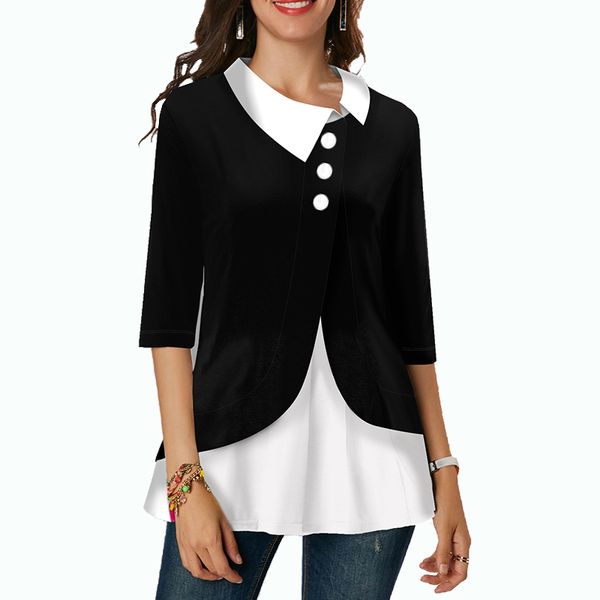 

patchwork blouse shirt female tunic turn down collar three quarter cotton womens and blouses button irregular shirts blusas t200321, White