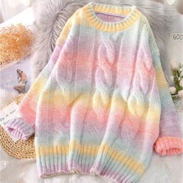 

2021 new women autumn winter rainbow sweaters tie dye o-neck long striped color oversized female mp1l, White;black
