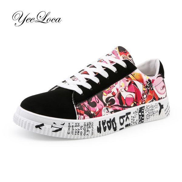 

graffiti art canvas woman shoes sneakers colorful women's vulcanize shoes flat bottom breathable lovers shoes zapatos mujer 201202, Black