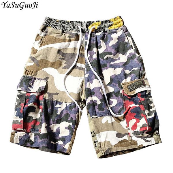 

men's pants 2021 summer fashion two big pocket spliced camouflage shorts men elastic waist casual cargo mens clothing dk34, Black