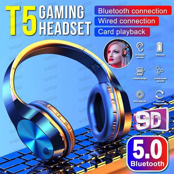 

t5 wireless headphones support tf card 3.5mm jack bluetooth headphones 9d stereo earphones music headsets with mic dhl