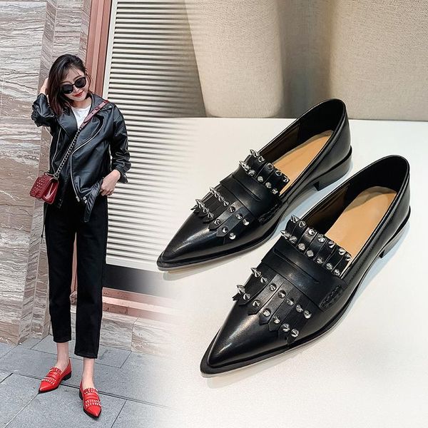 

new genuine leather tassel women's shoes fashion slip-on rivet pumps pointed toe thick heel handmade shoes woman size 34-39, Black