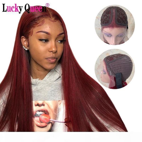 

lucky queen ombre burgundy 99j colored 13x4x1 lace front wigs transparent lace wigs brazilian straight remy human hair, Black;brown