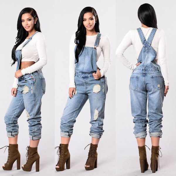 

2018 style women hole denim bib slim pants overalls jeans straps demin trousers jumpsuit mid waist1, Blue