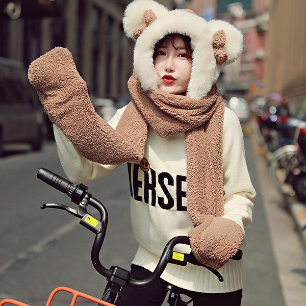 

winter new women faux lamb wool hat scarf set contrasting colors cute half round ear warm fleece girls cap scarves for ladies, Blue;gray