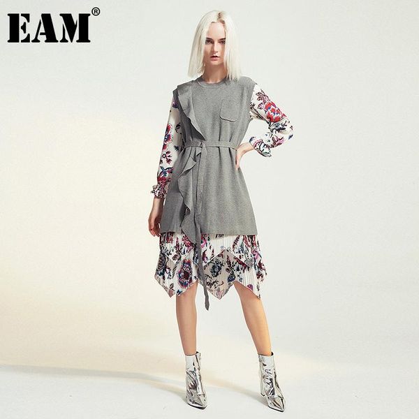 

[eam] women irregular spliced knitting print belt dress new round neck long sleeve loose fit fashion autumn winter 2021 1dd2374, Black;gray