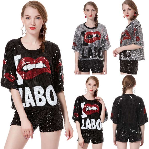 

hip bf wind hop letter costume basketball cheerleading sequin t-shirt, Black;gray