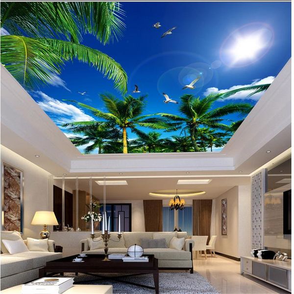 

beautiful scenery wallpapers 3d ceiling murals wallpaper coconut tree blue sky white cloud ceiling mural