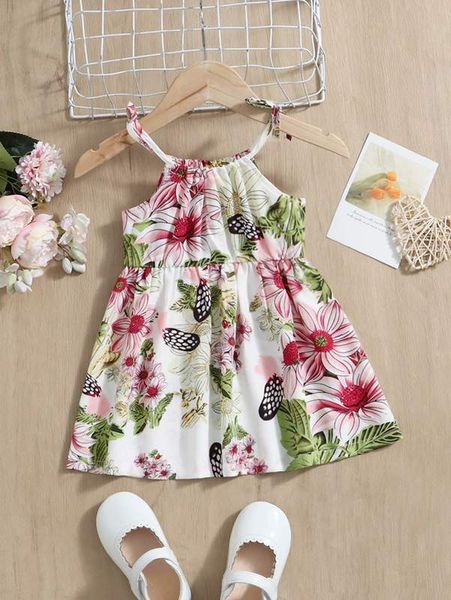 

baby floral print tie shoulder cami dress she, Red;yellow