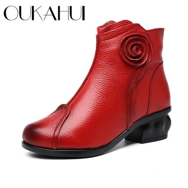 

oukahui 2020 winter genuine leather warm boots for women elegant spring vintage square heel mid heel ankle boots women, Black