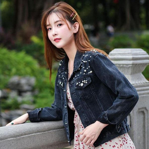 

bomber jackets for women 2020 autumn coats jeans fashion pearl beaded short denim coat woman s-5xl long sleeve large jeans jacke, Black;brown