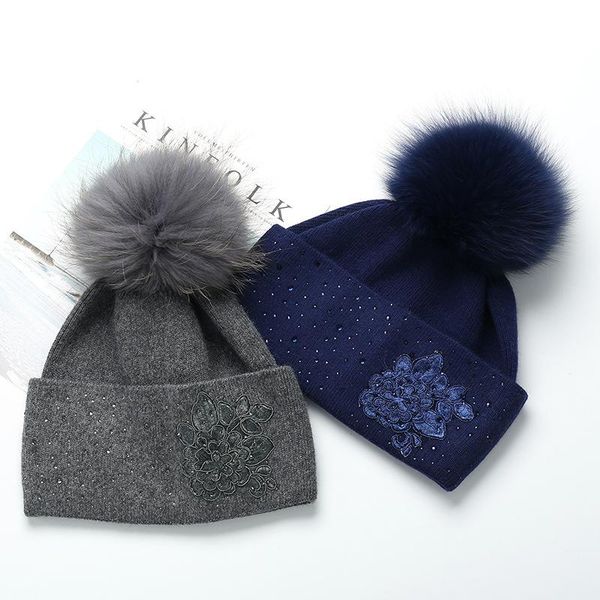 

beanie/skull caps winter hat female curled woolen warm with flowers. fur ball solid color knitted, Blue;gray