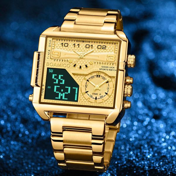 

boamigo 2021 new brand luxury fashion watches gold stainless steel sport square digital analog big quartz watch for men, Slivery;brown