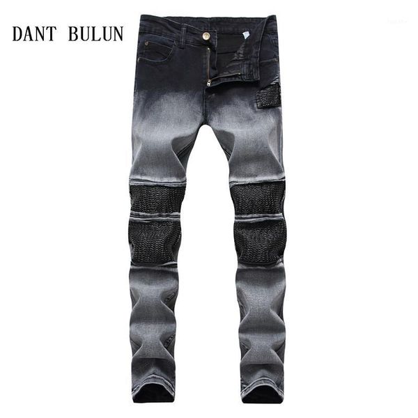 

men jeans pleated biker patchwork stretch moto pants hip hop casual gray jeans slim fit skinny trousers,p66131, Blue