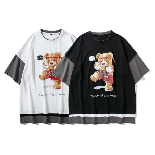 

europe spring summer oversize boxing bear print fake two pieces patchwork sleeve hip hop tshirt t shirts men women cotton tee, White;black