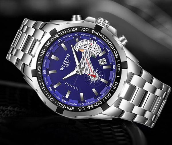 

wlisth men men's blue stainless steel 316l men's wristwatch fashion waterproof watch, Slivery;brown