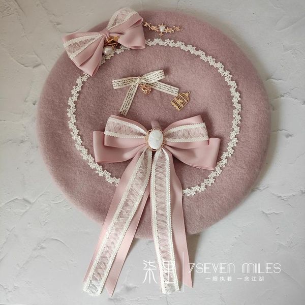 

japanese beret hand-made bow lolita girl sweet and cute woolen girl, Blue;gray