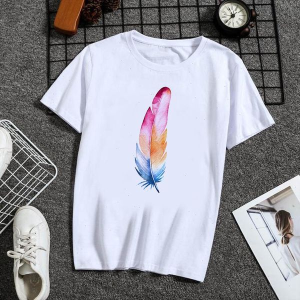 

women tshirts varied feather painted fashion summer tee ladies clothes casual printed t shirt short sleeve tees female, White