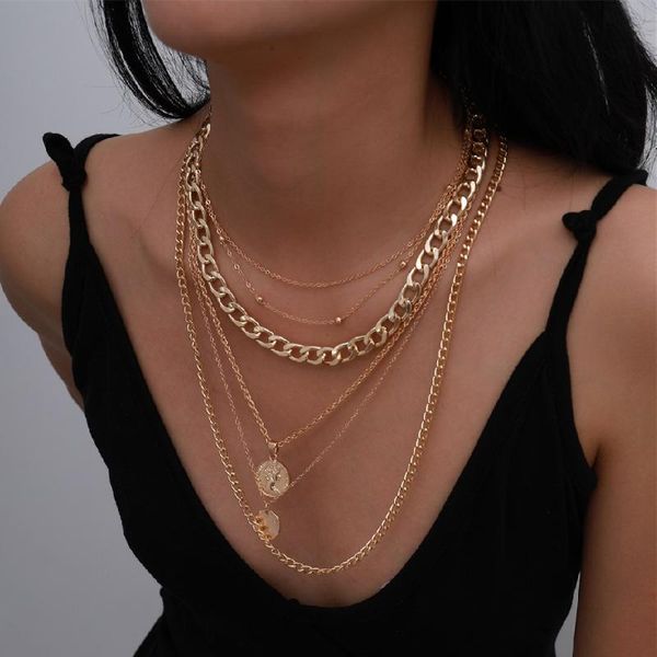 

chains boho multilayer head portrait coin pendant necklace for women punk cuban beaded chain choker statment jewelry gift, Silver