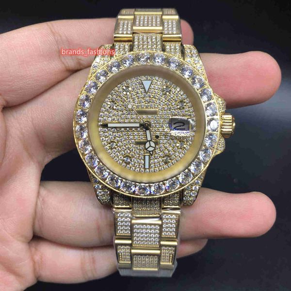 

the latest men's ice diamond watches size 40mm gold stainless steel diamond strap gold diamond face automatic mechanical wri, Slivery;brown