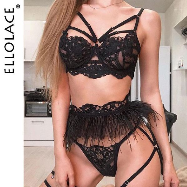 

ellolace lace embroidery lingerie set feather bra and party set women's underwear bra see through 3 piece string1, Red;black