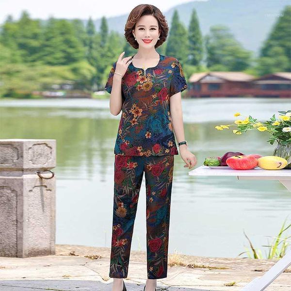 

2 piece sets women summer t-shirt and pants 2020 summer two piece set and pants women plus size print casual blouses1, Gray