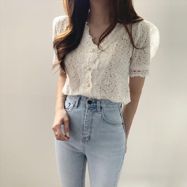 

кружева v-образным выходом из белых блузков женщины старинные слойные рукава топы hops 2020 summernew verano mujer tuneque femme, White