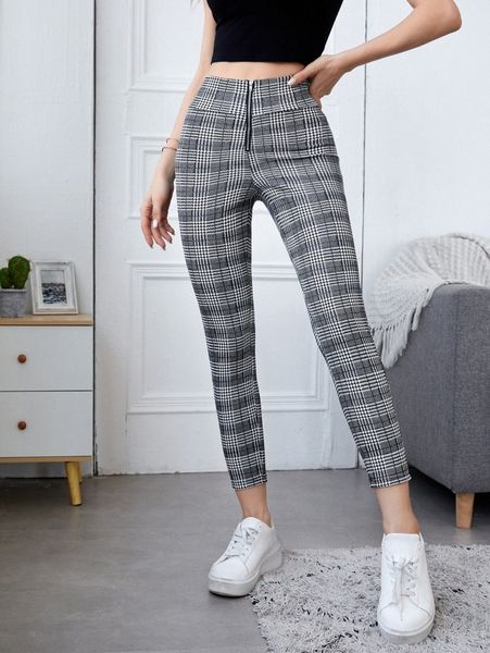 

plaid & houndstooth print zipper leggings o1f5#, Black