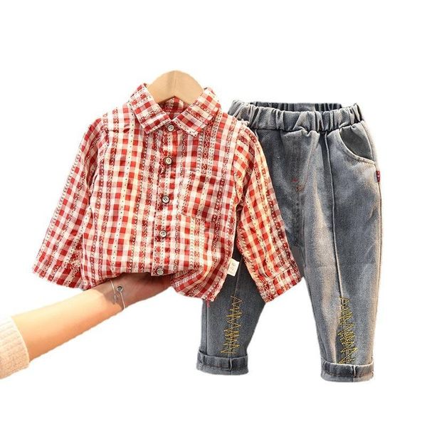 

new spring autumn baby girls boys clothing sets lapel plaid shirt jeans 2pcs/sets kids fashion costume infant leisure clothes, White