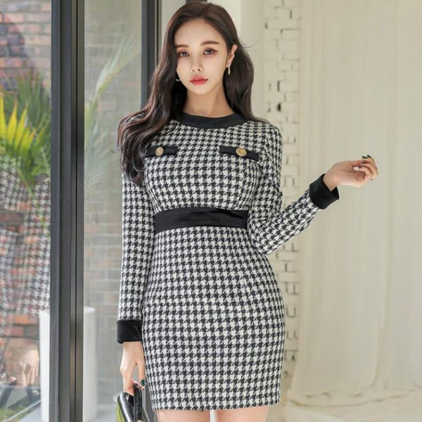 

casual dresses 2021 korea winter ladies women cloth bodycon high waisted plaid slim mini, Black;gray