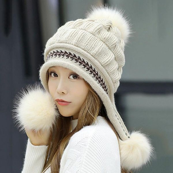 

2020 knitting fur hat ball beanie caps thick skullies female cap gorros with gloves, Blue;gray