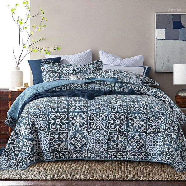 

chausub blue print bedspread cotton quilt set 3pcs bed cover with 2 pillowcase queen size blanket summer coverlet1