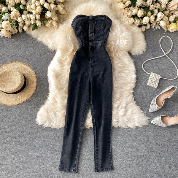 

2021 new singiny strapless chic retro-strapless, women overalls will summer off the shoulder streetwear qeb5, Black;white