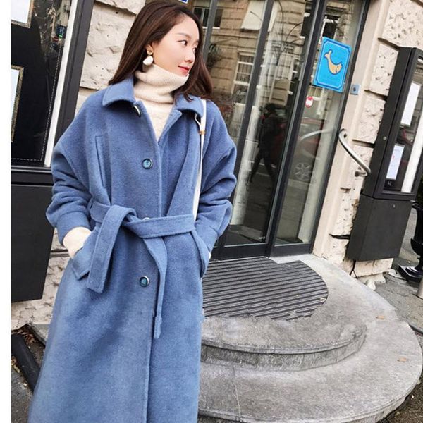 

autumn winter new korean version of the loose retro woolen coat female long section over the knee plus cotton woolen coats1, Black