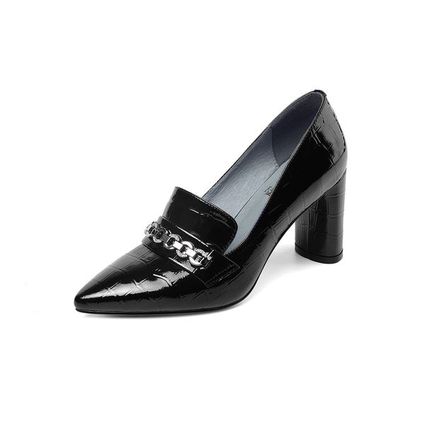 

female pumps 2021 shoes british classic patent metal chain heels vqbc, Black