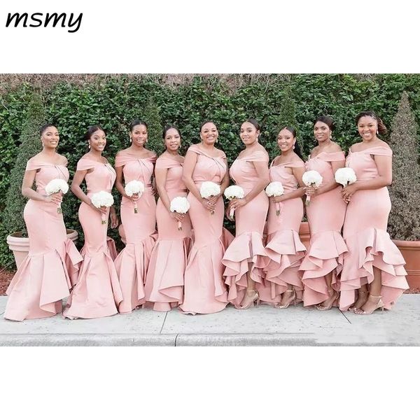

long blush pink mermaid bridesmaid dresses off shoulder satin cascading ruffles wedding guest dress plus size maid of honor y200109, White;black