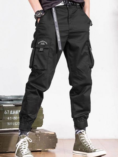 

men letter graphic flap pocket buckled belted cargo pants p5nx#, Black