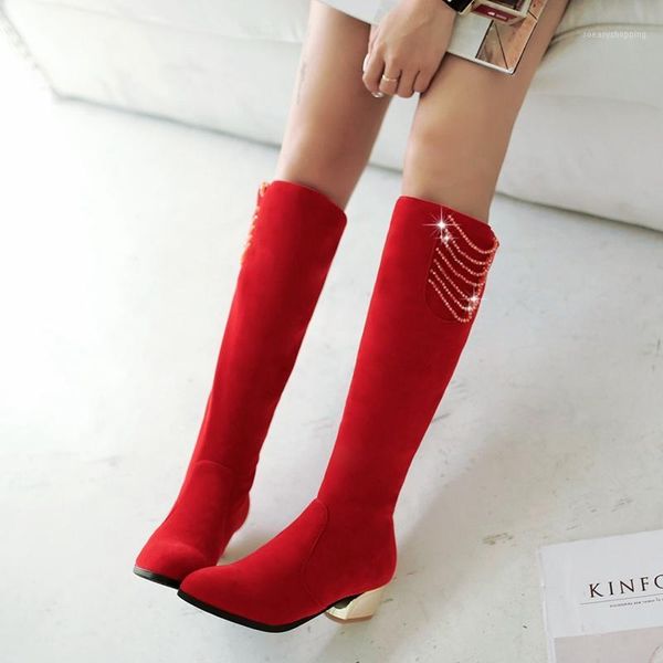 

women winter boots platform knee high boots sweet fashion 4.5cm high heels red flock long woman plush warm black shoes 9261