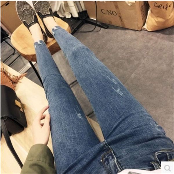 

worn out jeans leggings women's elastic thin pencil pants, Blue