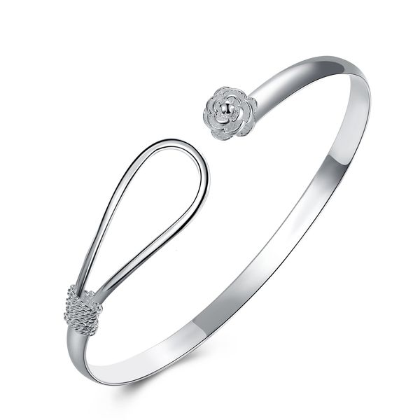 

wholesale 925 bracelet silver fashion plated jewelry flower knot bangle europe and the united states lady girl cuff, Black