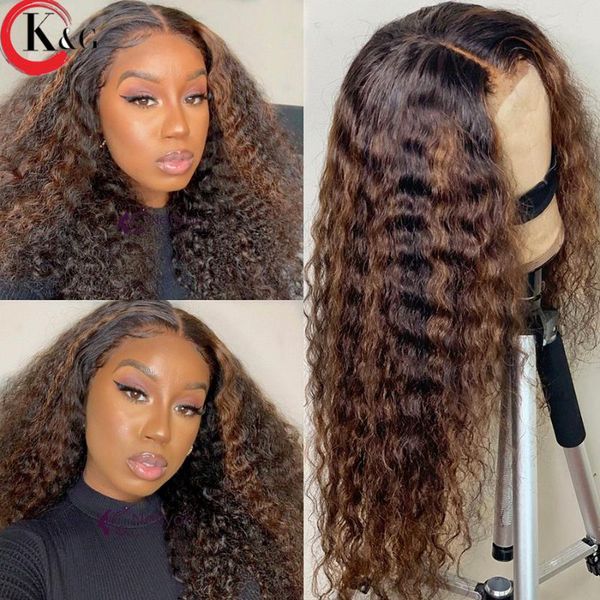 

kungang highlight t-part lace front human hair wigs curly 150% density lace wigs with baby hair brazilian middle ratio non-remy, Black;brown