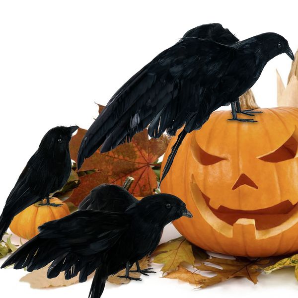 

2021 latest prop realistic 3 pcs/set handmade black feathered fly halloween and stand crows ravens crow decoration new