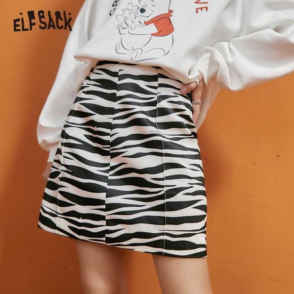 

elfsack zebra striped high waist mini skirt women,2020 autumn black pure zipper korean ladies skinny basic daily leather skirts1