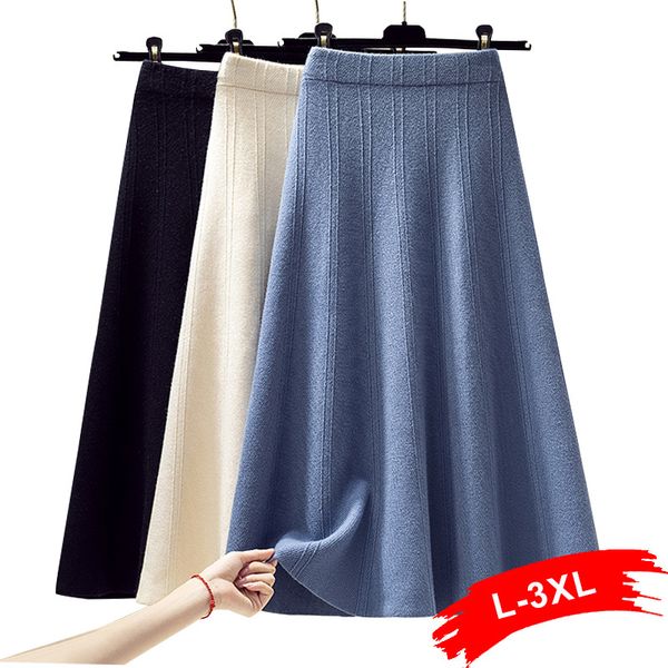 

winter plus size thick warm big swing blue sweater skirts 3xl 4xl elastic band high waist midi long a-line knitted skirt women q1209, Black