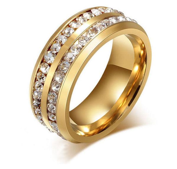Brilhante 316L Anel de Titânio de Ouro Prata Banhado Aço Inoxidável Row Duplo Checa Anéis de Cristal para Homens Mulheres Casamento Jóias Tamanho6-13 Atacado
