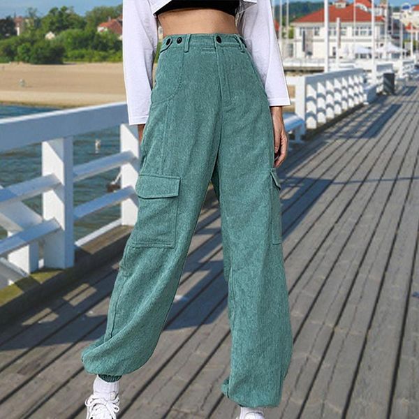 

women high waist buttons mulit pockets ankle tied loose corduory pants trousers, Black;white