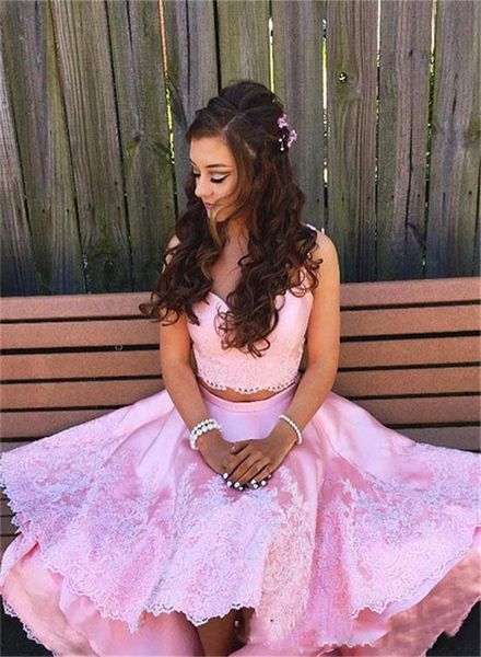 

sweety pink homecoming dresses two pieces prom dresses hi lo lace appliqued satin sweetheart neck girls cocktail gowns sweet 16 dresses, Black